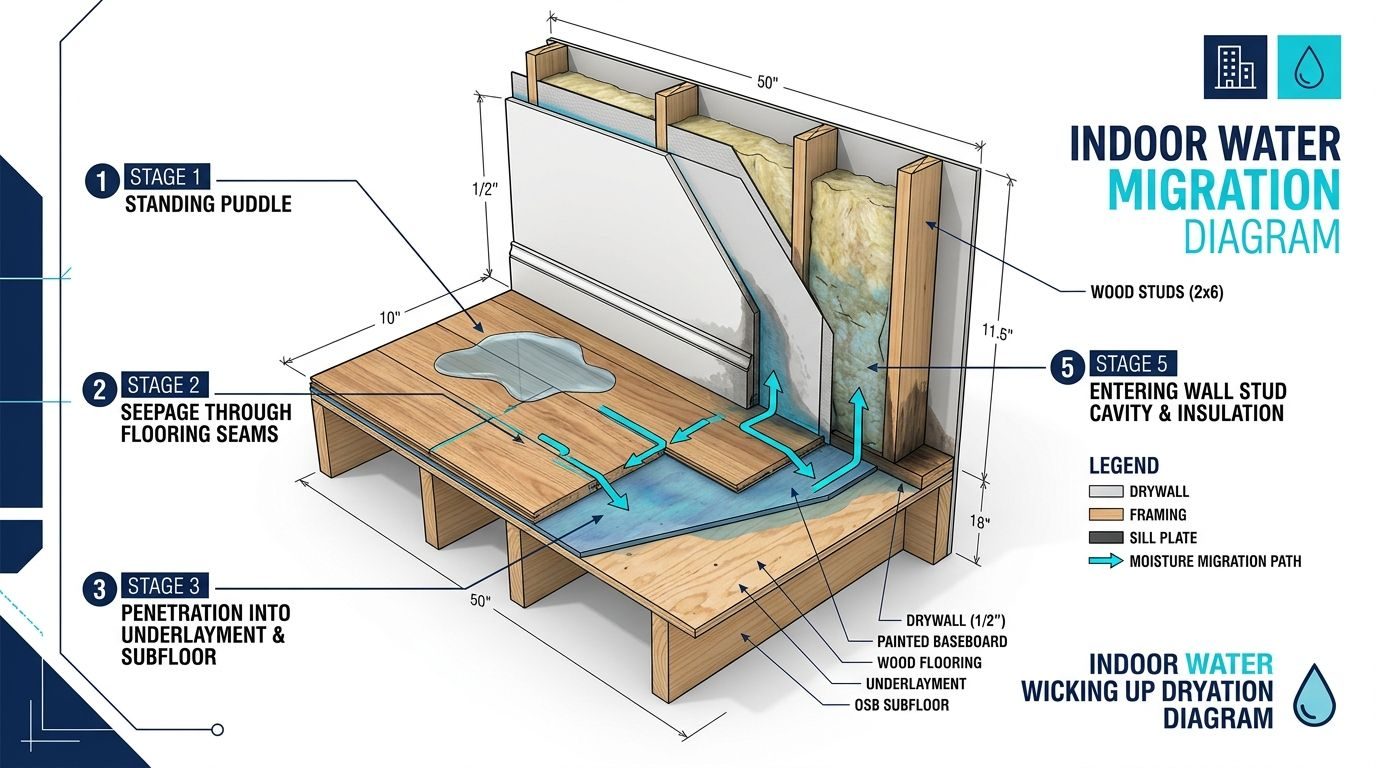 Architectural cutaway diagram illustrating moisture migration from standing puddle through floor seams into subfloor, baseboards, and wall cavity.