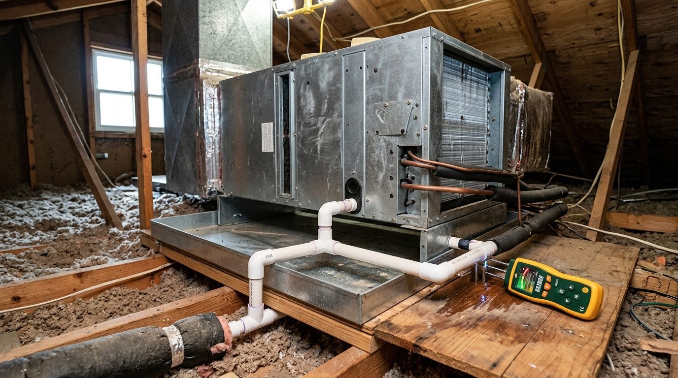 HVAC air handler in residential attic with clear condensate drain line, overflow pan, and moisture probe