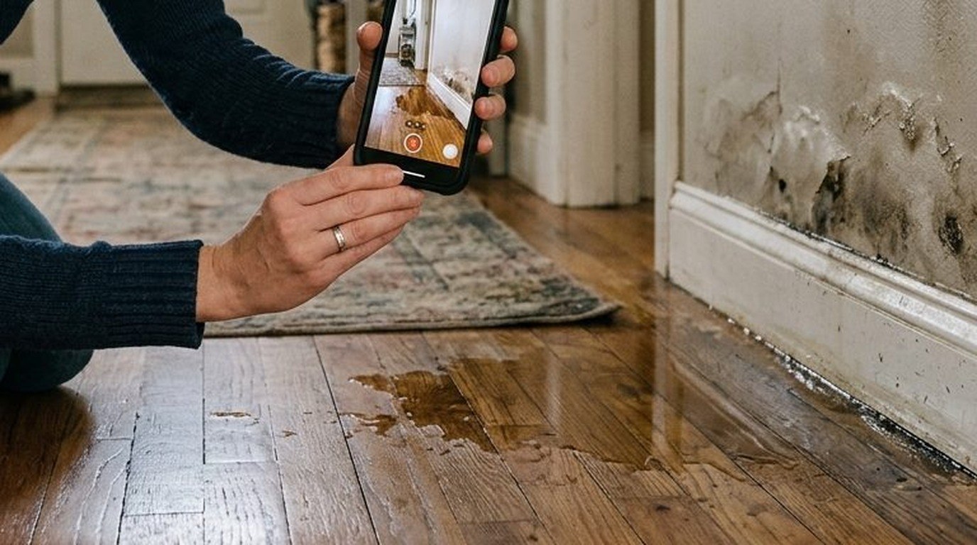 Hands holding a smartphone photographing standing water and damaged baseboard drywall for insurance claim records