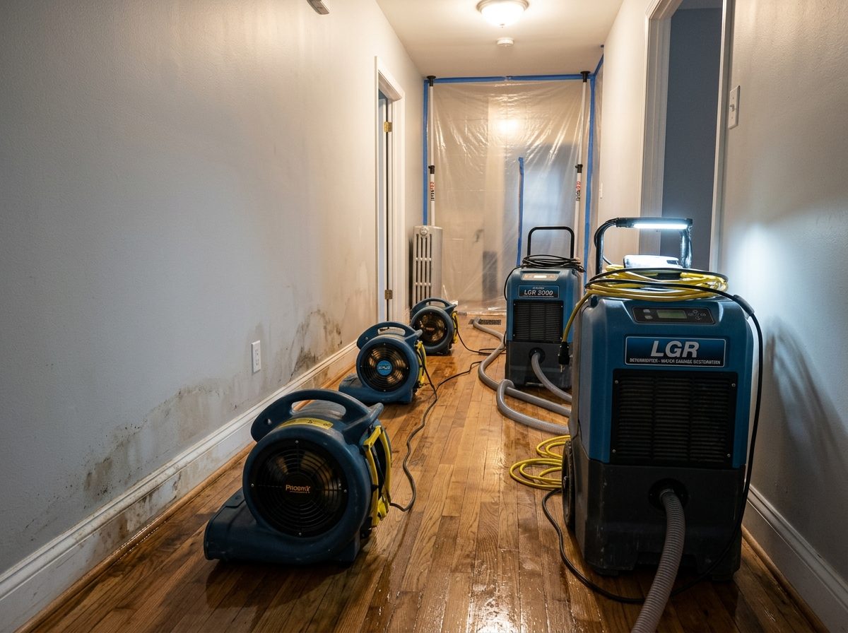 Industrial air movers and commercial dehumidifiers operating in residential hallway for structural drying
