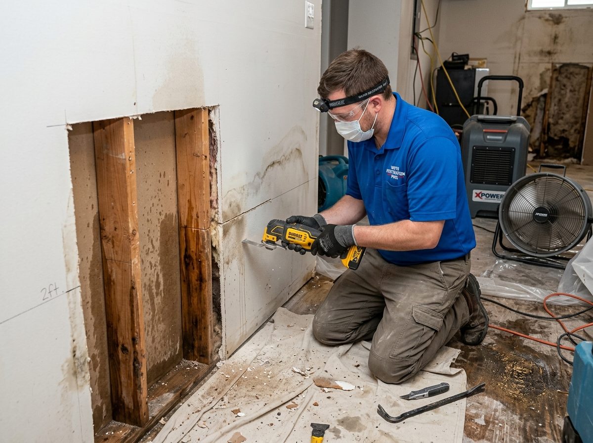 Flood cut on water damaged drywall demonstrating structural cavity drying