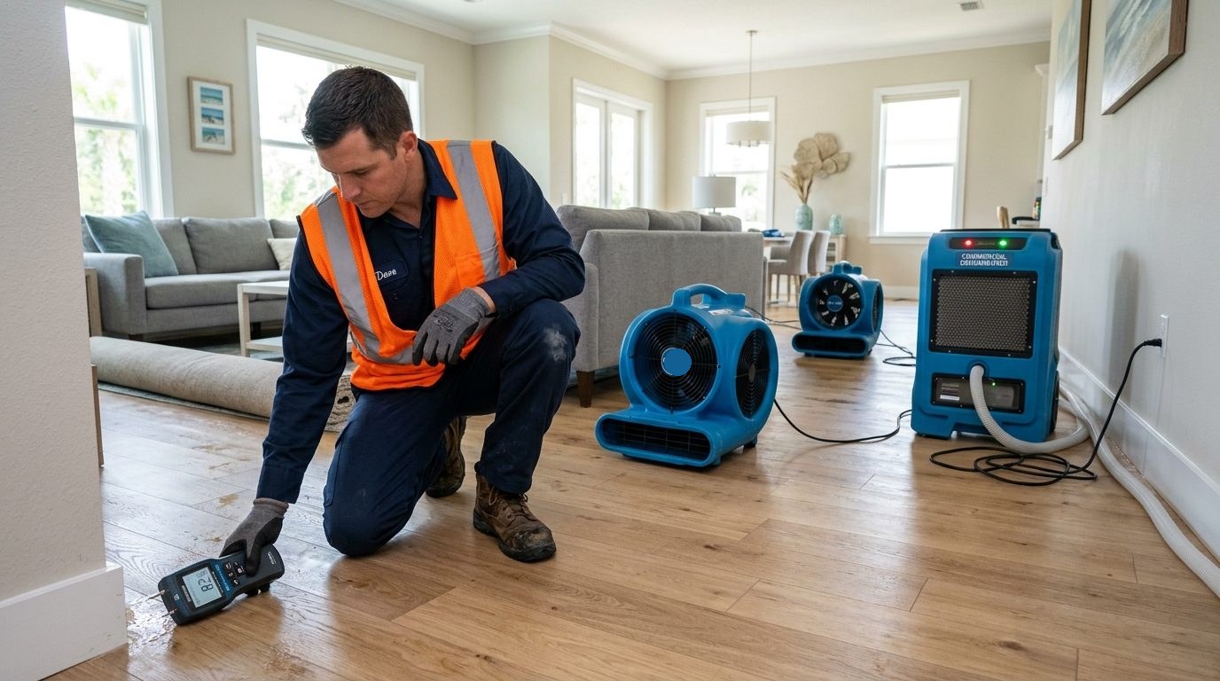 Male restoration technician operating water extraction equipment and measuring floor moisture