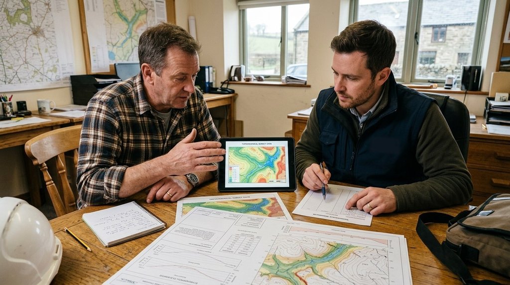 Property owner and specialist reviewing flood zone elevation map and property risk survey at a desk