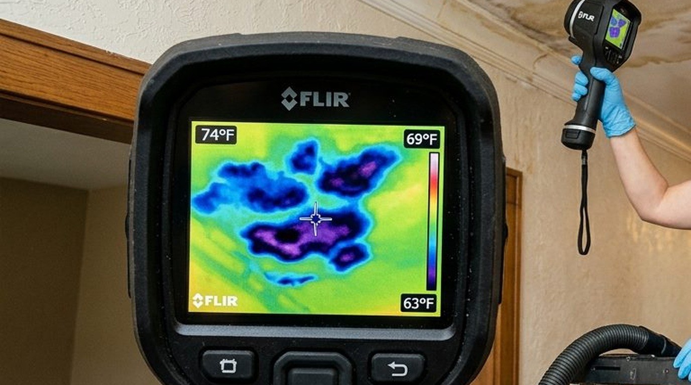 Handheld thermal imaging camera displaying temperature heatmap of water leak spreading across drywall ceiling