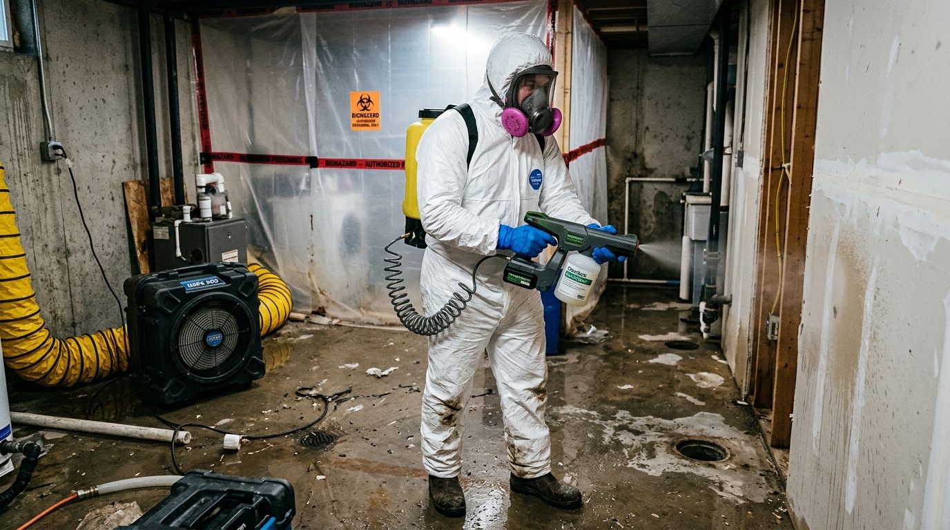 Technician in protective suit and respirator managing containment barriers during sewage backup cleanup