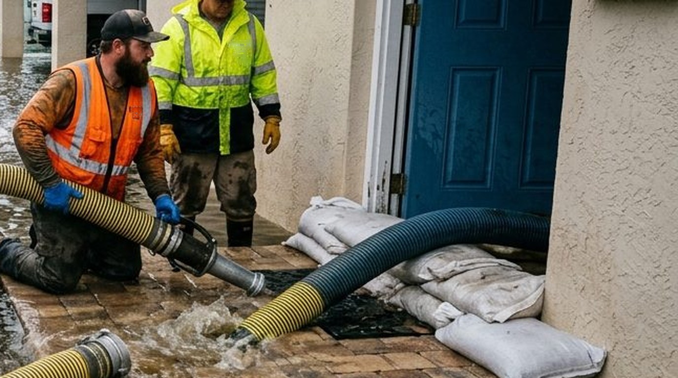 Emergency flood water extraction response crew deploying pump hoses and sandbag barrier during residential storm water damage recovery