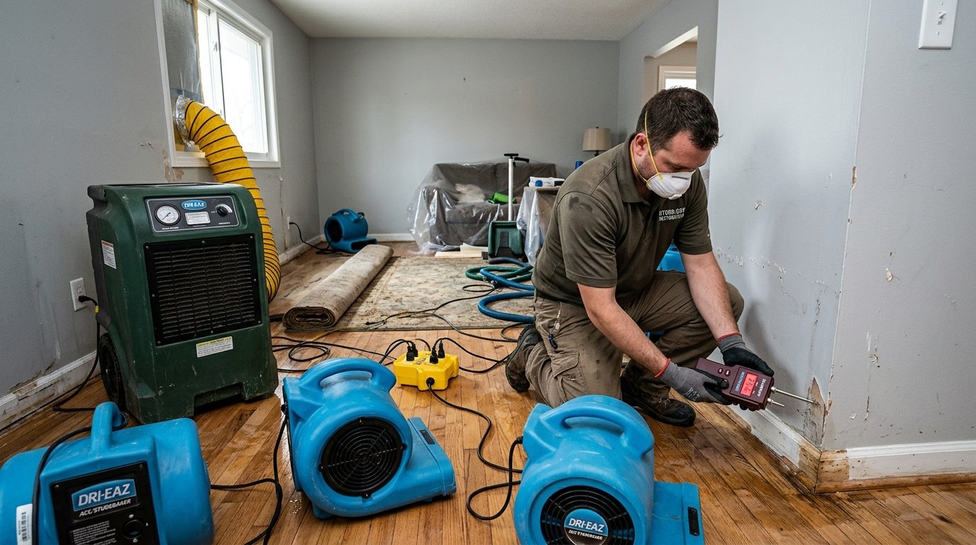 Male technician using digital pin moisture meter to measure moisture content in baseboard and drywall