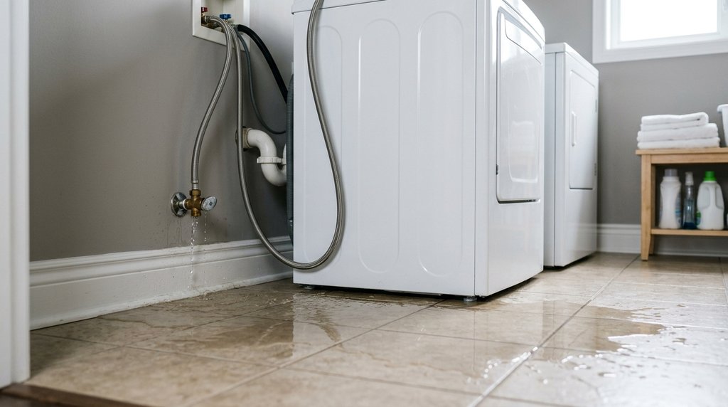 Residential washing machine with water leaking from supply hose connection spreading across tiled floor and baseboard