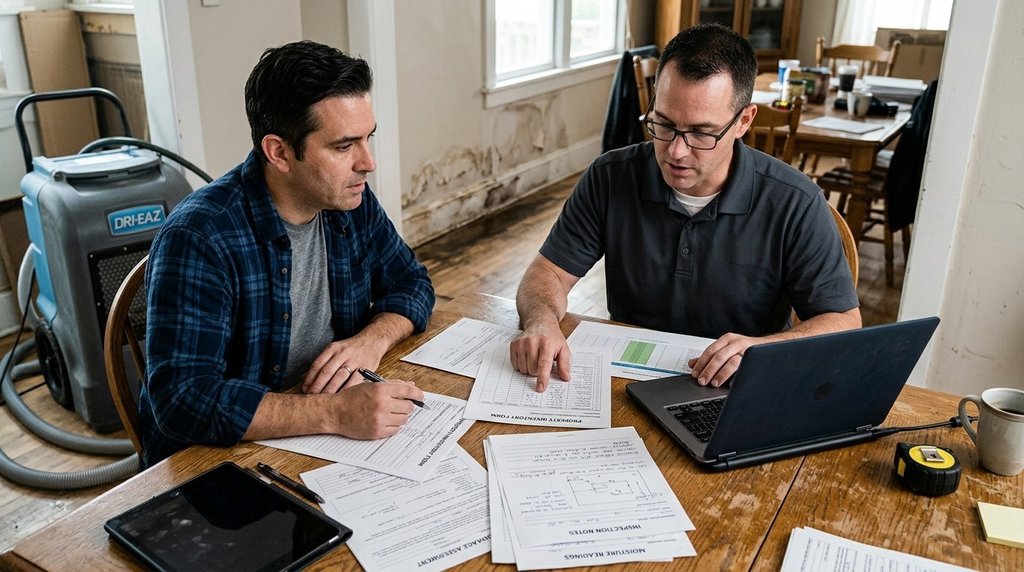 Male homeowner and restoration specialist reviewing water damage claim documentation and property loss inventory