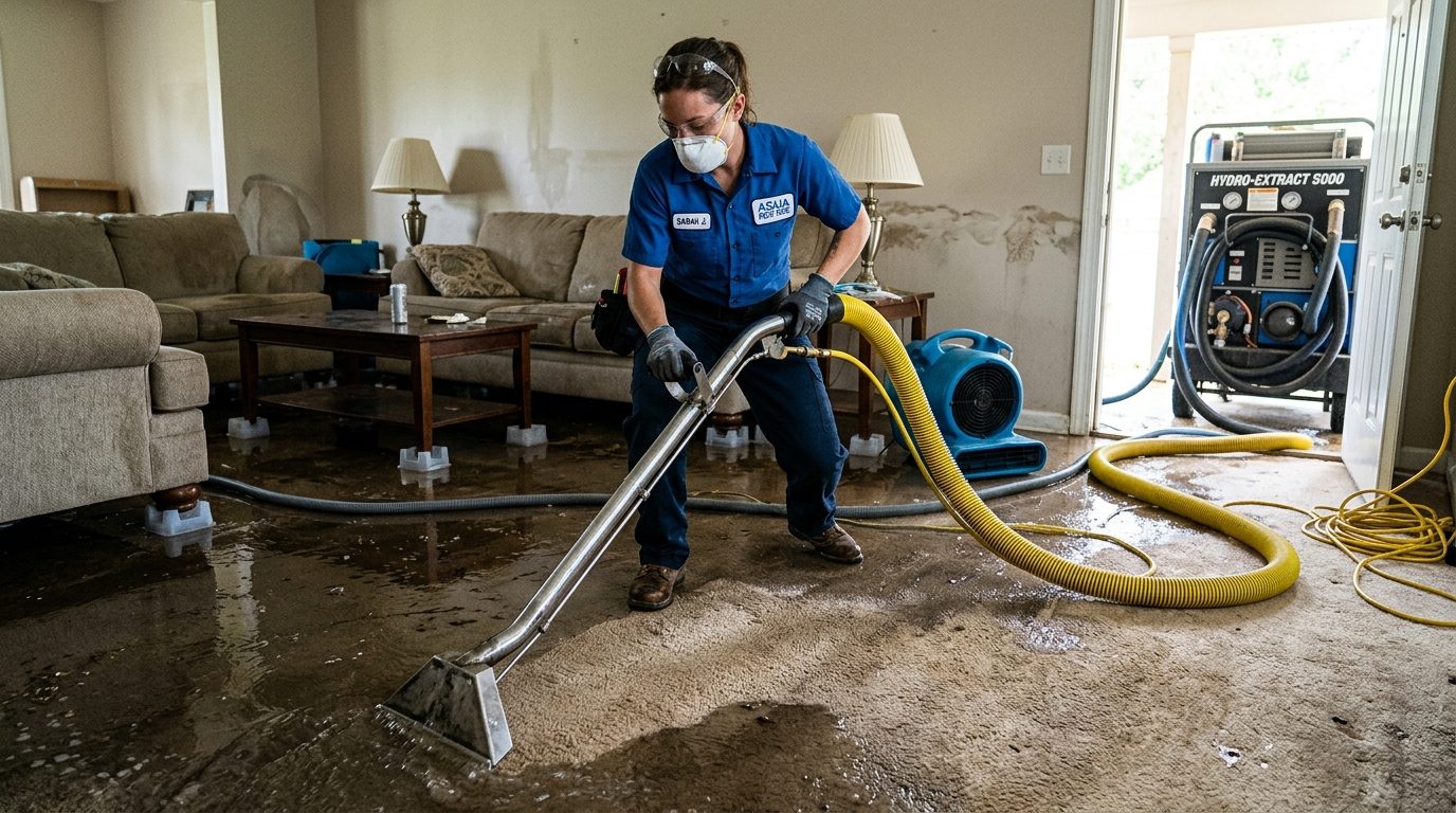 High-power extraction equipment removing deep moisture from wet carpeting